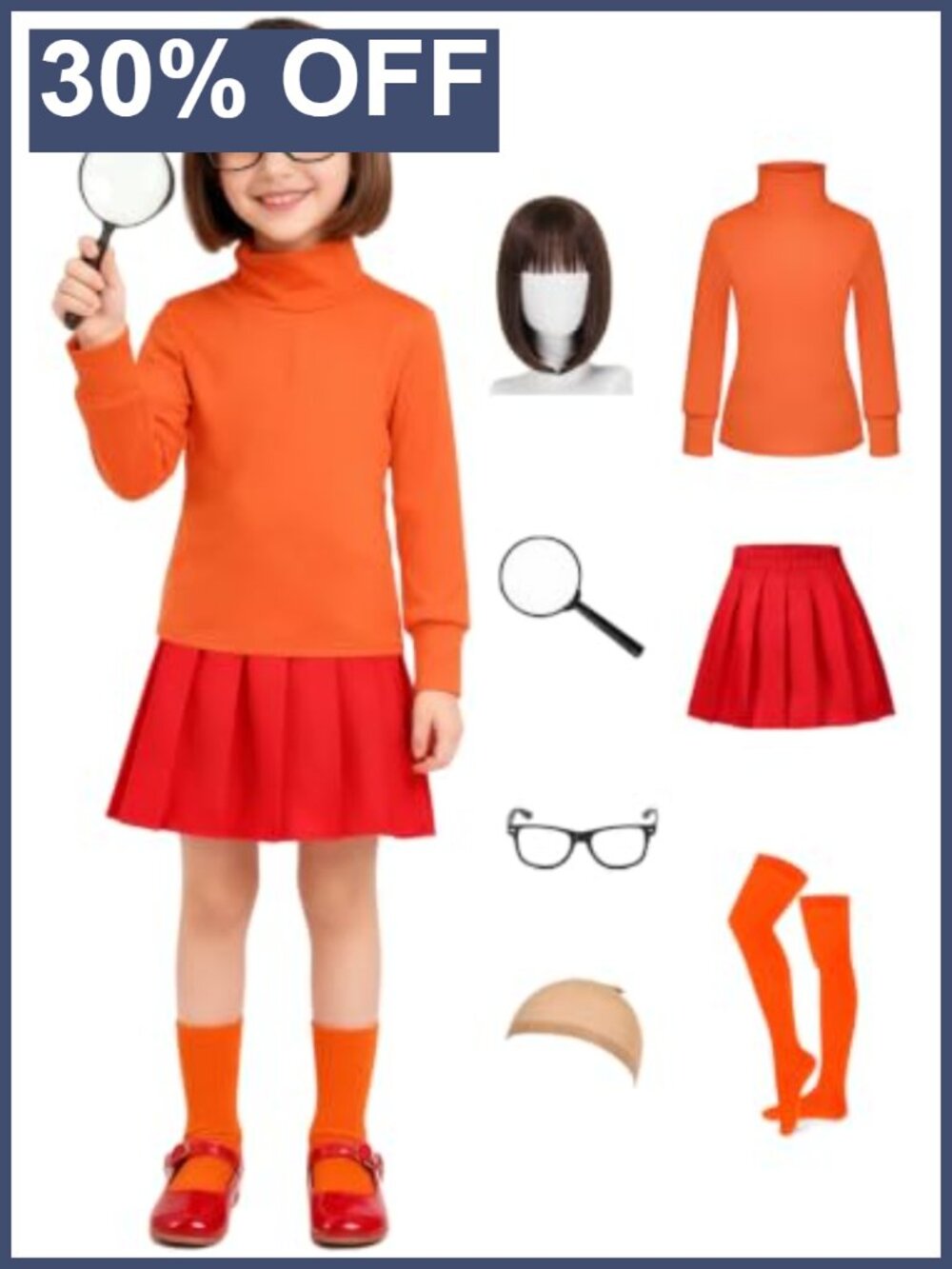 Kids Girls Velma Halloween Costume 7pc Set Dress Wig Glasses Socks